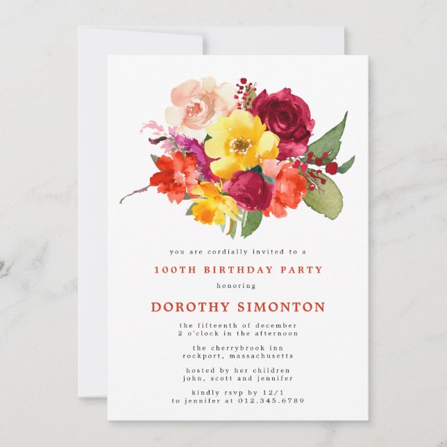 Invitación Bonito Floral Bouquet 100ª fiesta de cumpleaños (Anverso)