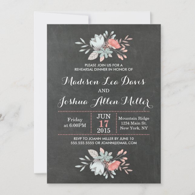 Invitación Bonito Floral Chalkboard Ensayo Cena (Anverso)