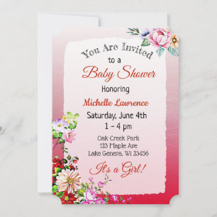 Invitación Bonito Floral Chica Rojo Baby Shower