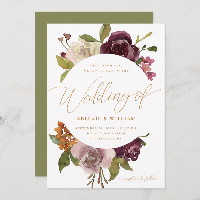 Invitación Bonito Floral con caligrafía Boda verde (Anverso / Reverso)