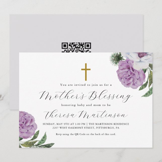 Invitación Bonito Floral Cruz de la Madre Bendición QR Código (Anverso / Reverso)