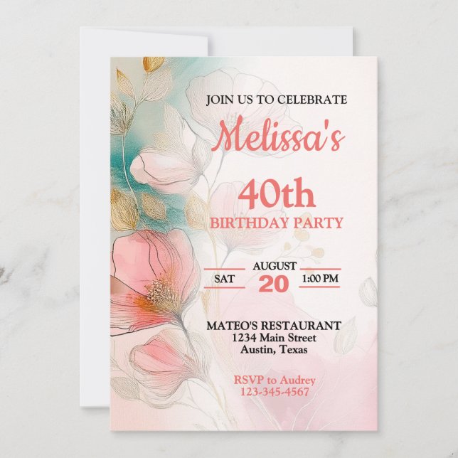 Invitación Bonito Floral Cualquier fiesta de cumpleaños de ed (Anverso)