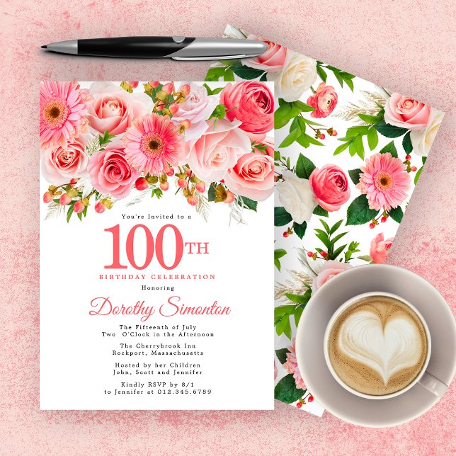 Invitación Bonito floral de verano rosa 100 cumpleaños (Subido por el creador)