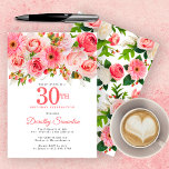 Invitación Bonito floral de verano rosada 30 cumpleaños<br><div class="desc">Rosas, peonías y margaritas crean un diseño floral de verano rosa bonito. Las barras y el follaje le dan un toque rústico. 30 está escrito en un gran texto en negrita. Puede cambiarse por cualquier año que desee. El nombre del celebrante de cumpleaños está escrito en un elegante tipo de...</div>