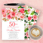 Invitación Bonito floral de verano rosado 50 cumpleaños<br><div class="desc">Rosas, peonías y margaritas crean un diseño floral de verano rosa bonito. Las barras y el follaje le dan un toque rústico. 50 está escrito en un gran texto en negrita. Puede cambiarse por cualquier año que desee. El nombre del celebrante de cumpleaños está escrito en un elegante tipo de...</div>