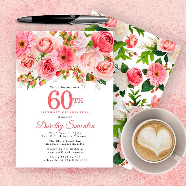 Invitación Bonito floral de verano rosado 60 cumpleaños (Subido por el creador)