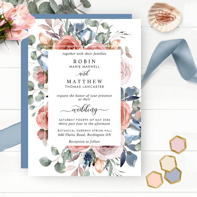 Invitación Bonito Floral, Dusty Blue Elegant Garden Wedding (Subido por el creador)