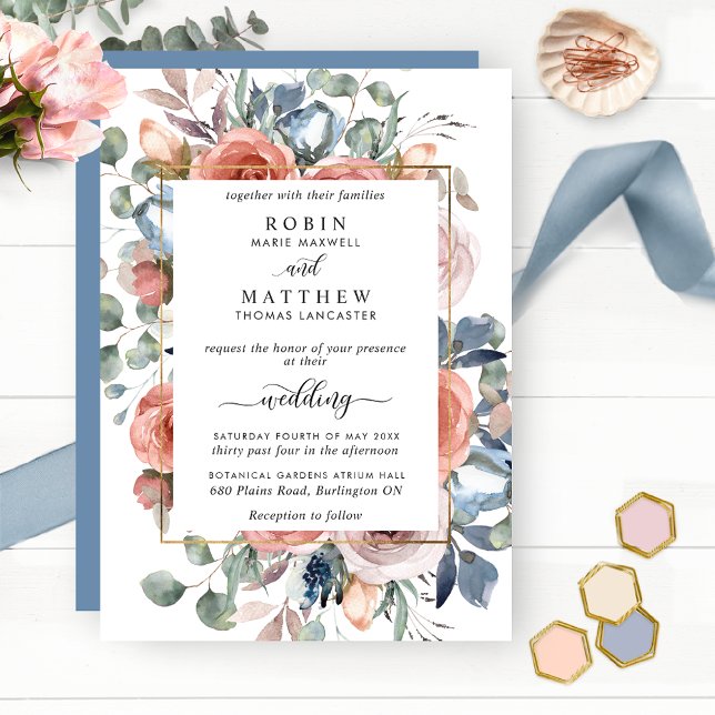 Invitación Bonito Floral, Dusty Blue Elegant Garden Wedding (Subido por el creador)