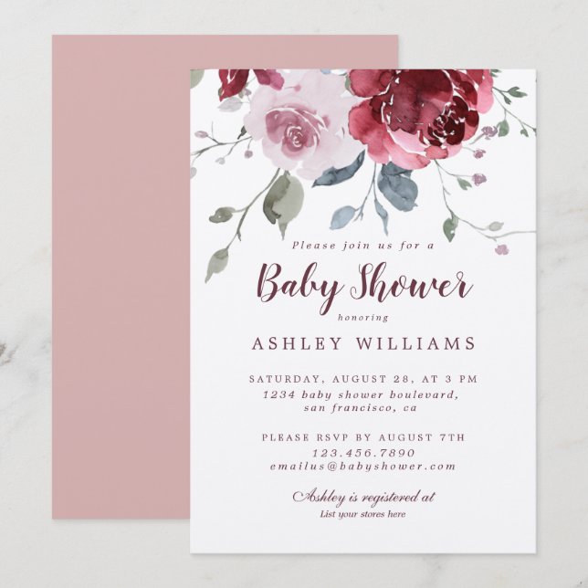 Invitación Bonito Floral Dusty Rosa Rosa Borgoña Baby Shower (Anverso / Reverso)