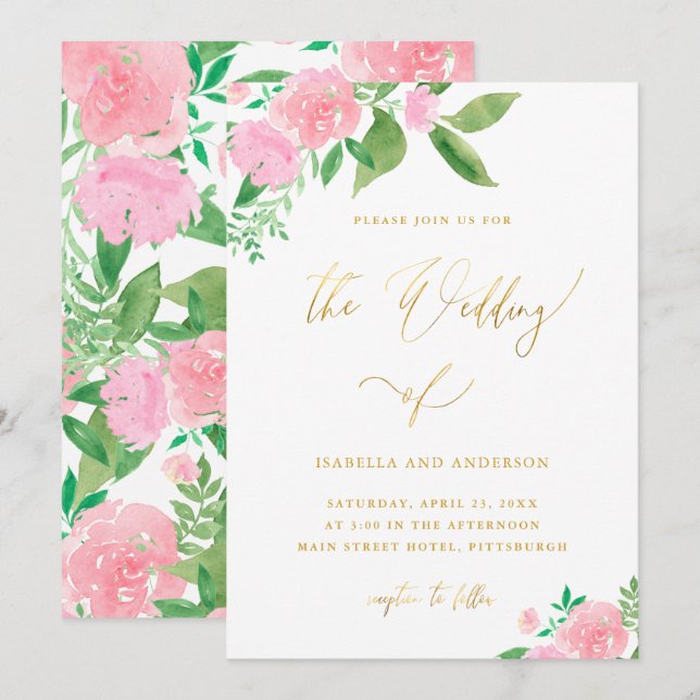 Invitación Bonito Floral Faux Gold Calligraphy Boda (Anverso / Reverso)