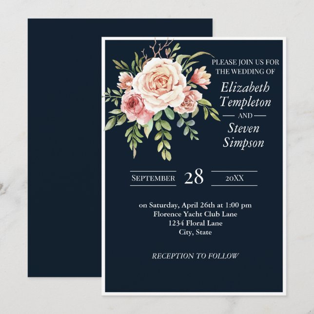 Invitación Bonito Floral Marina Moderna Boda audaz rosa (Anverso / Reverso)