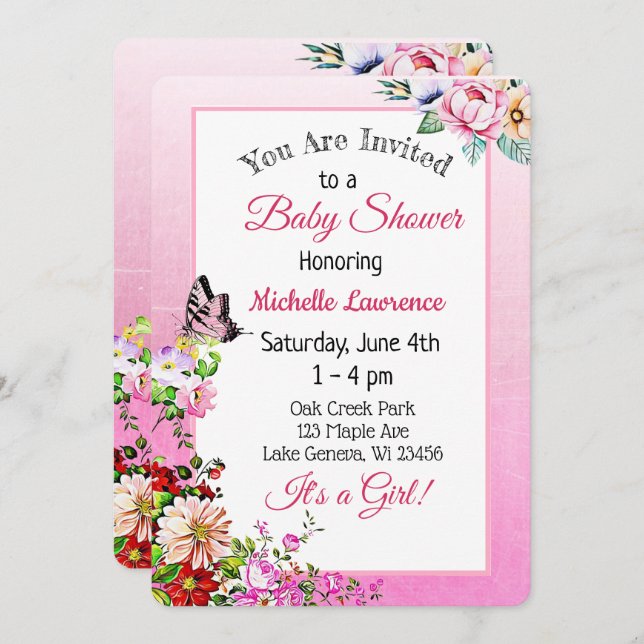 Invitación Bonito Floral Mariposa Chica Baby Shower (Anverso / Reverso)