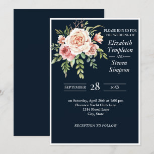 Invitación Bonito floral moderna marina rosa audaz Boda