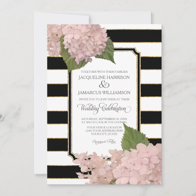 Invitación Bonito Floral Moderno elegante franja blanca negra (Anverso)
