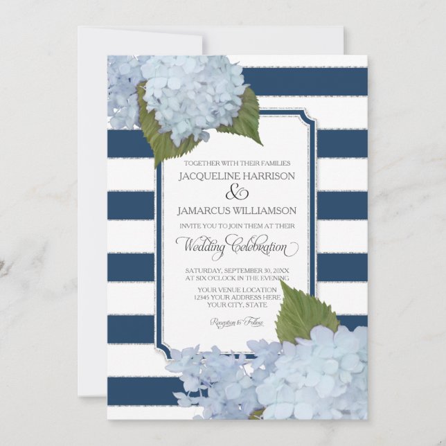 Invitación Bonito Floral Moderno elegante Navy franja blanca (Anverso)