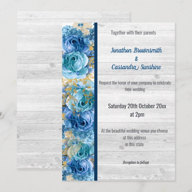 Invitación Bonito FLORAL NAVY AZUL RÚSTICO BODA DE LAVARONES  (Anverso / Reverso)