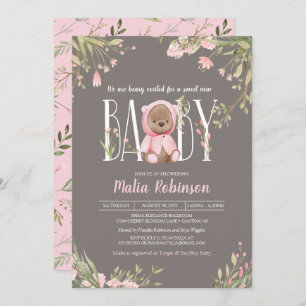 Invitación Bonito Floral Rosa Boho Teddy Bear Baby Shower