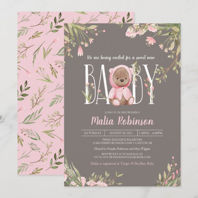 Invitación Bonito Floral Rosa Boho Teddy Bear Baby Shower Inv (Anverso / Reverso)