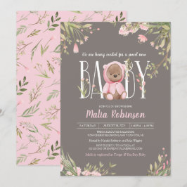 Invitación Bonito Floral Rosa Boho Teddy Bear Baby Shower Inv