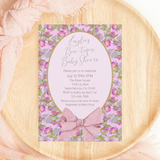 Invitación Bonito Floral Rosa Bow Baby Shower (Subido por el creador)