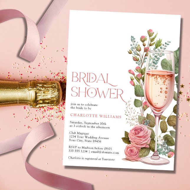 Invitación Bonito Floral Rosa Champagne Glass Bridal Shower (Subido por el creador)