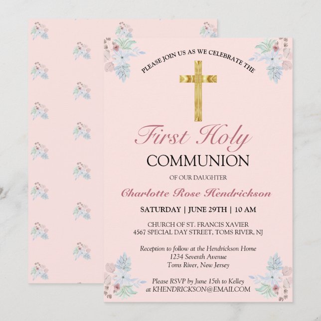 Invitación Bonito Floral Rosa Primera Santa Comunión (Anverso / Reverso)