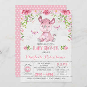Invitación Bonito floral rosa rinoceros bebé niña ducha