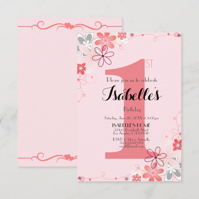 Invitación Bonito Floral rosa suave primer cumpleaños (Anverso / Reverso)