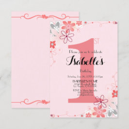 Invitación Bonito Floral rosa suave primer cumpleaños