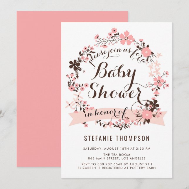 Invitación Bonito Floral rosa Wreath Baby Shower (Anverso / Reverso)
