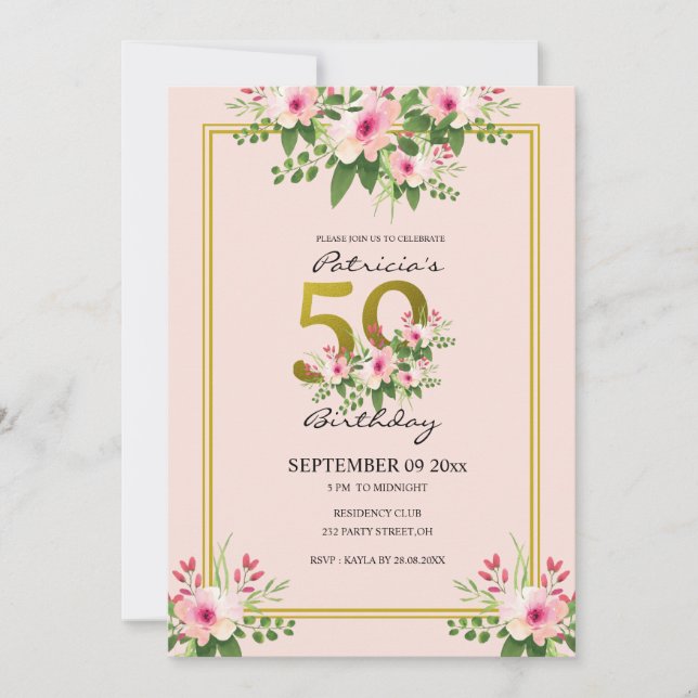 Invitación Bonito Floral Rubor Rosa y Oro 50 cumpleaños (Anverso)