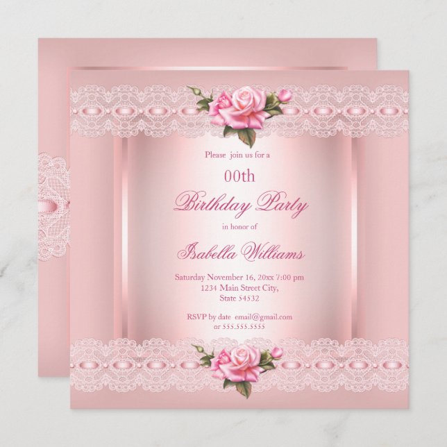 Invitación Bonito Floral Rubor Roses rosados encaje Cumpleaño (Anverso / Reverso)