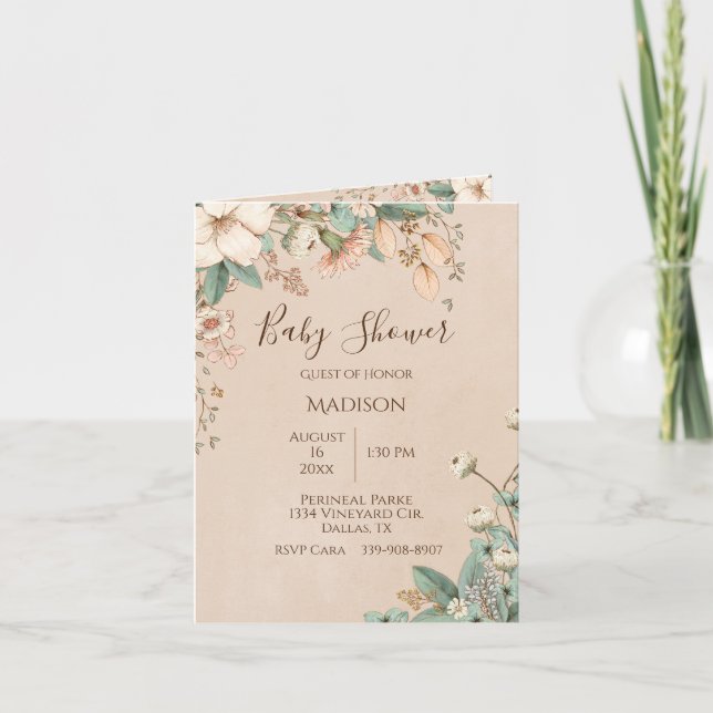Invitación Bonito Floral Script Typography Moderno Baby Showe (Anverso)
