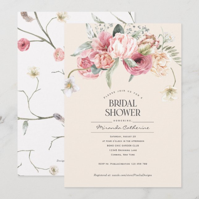 Invitación Bonito floral simple estilo bohemio chic  (Anverso / Reverso)