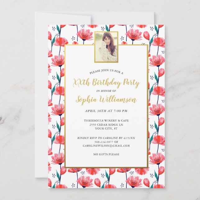 Invitación Bonito Floral Tulip, tu foto, fiesta de cumpleaños (Anverso)