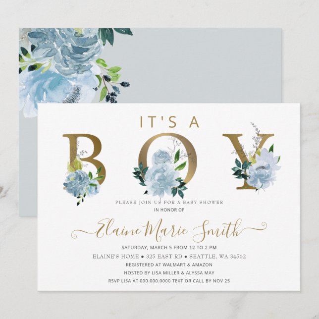 Invitación Bonito Flores Azules Floral Boy Baby Shower (Anverso / Reverso)