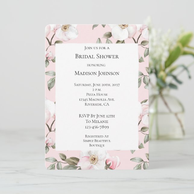 Invitación Bonito Flores Blancas Rosadas Ducha Bridal (Anverso de pie)