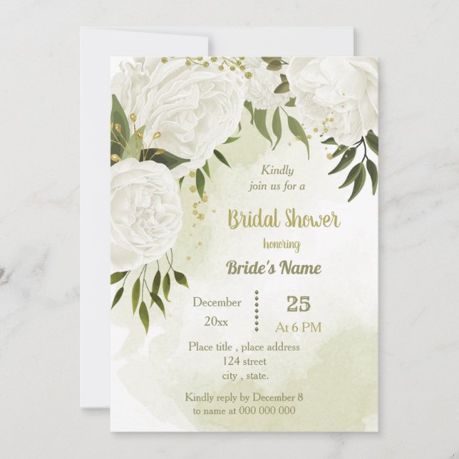 Invitación bonito flores blancas verde ducha de novia (Anverso)