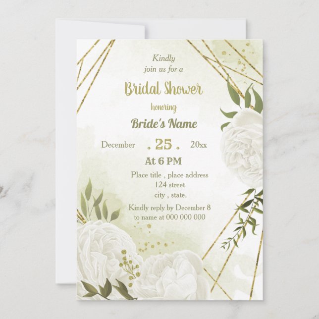 Invitación bonito flores blancas verde ducha de novia (Anverso)