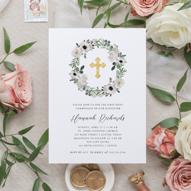 Invitación Bonito Flores Blancas Verdes Sale Primera Comunión (Subido por el creador)