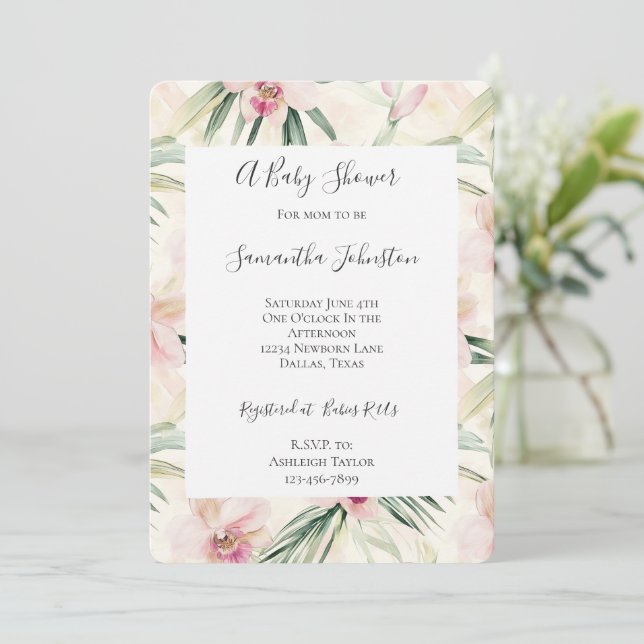 Invitación Bonito Flores de orquídeas tropicales rosadas Baby (Anverso de pie)