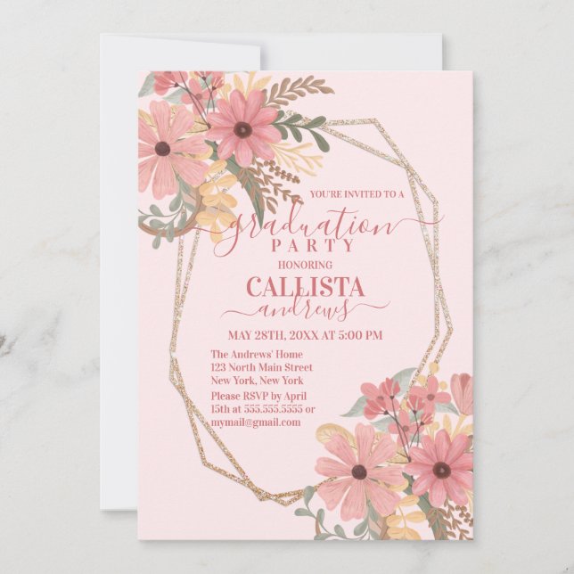 Invitación Bonito Flores Pintadas Rosa Purpurina Marco Cumple (Anverso)