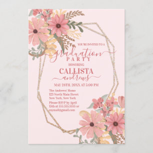 Invitación Bonito Flores Pintadas Rosa Purpurina Marco Cumple
