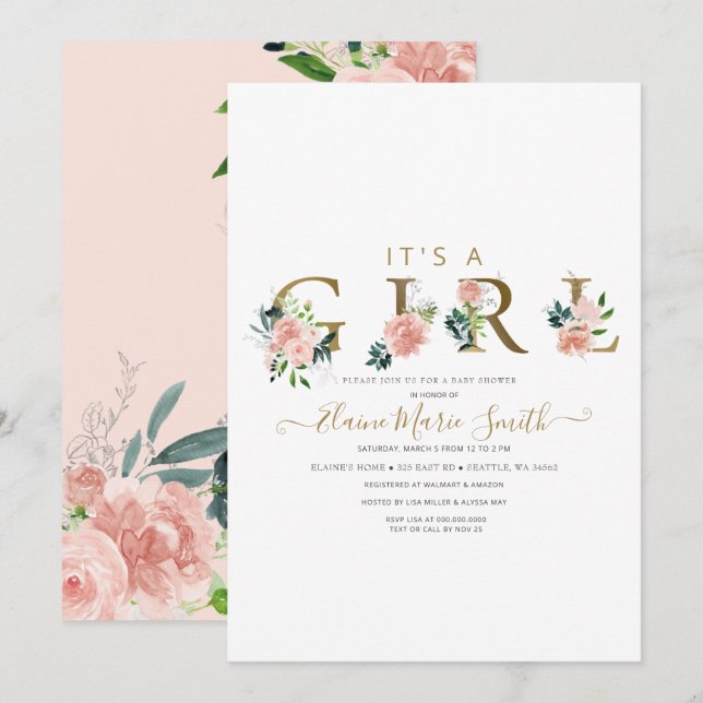 Invitación Bonito Flores Rosa Chica Floral Baby Shower Invita (Anverso / Reverso)