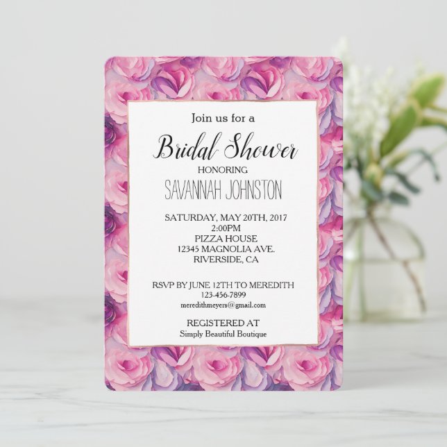 Invitación Bonito Flores Rosa Ducha Bridal (Anverso de pie)