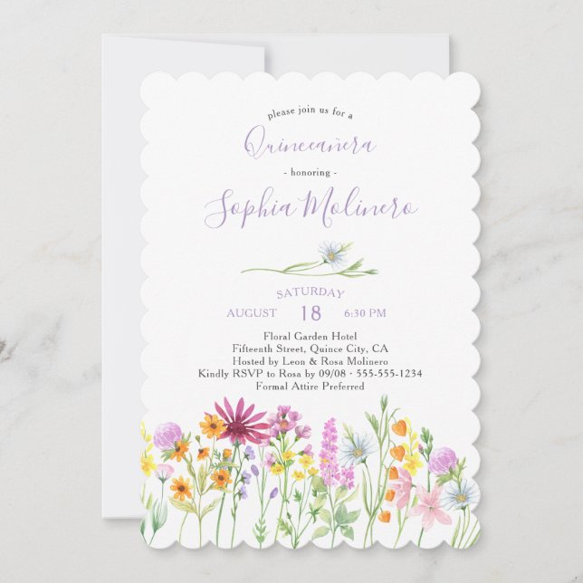 Invitación Bonito Flores silvestres acuarela femenina Quincea (Anverso)