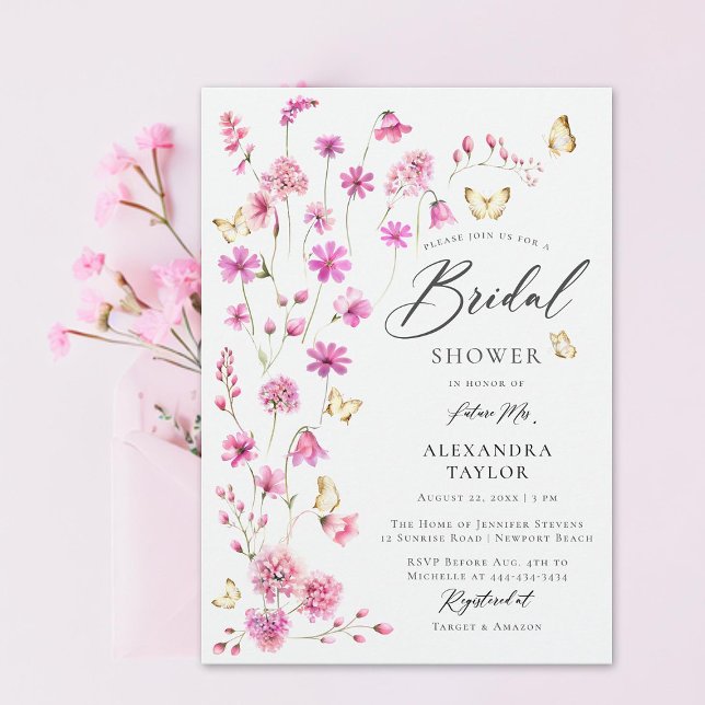 Invitación Bonito Flores silvestres moscas mariposas ducha de (pretty pink wildflowers gold butterflies elegant boho bridal shower invitation garden rustic girly)