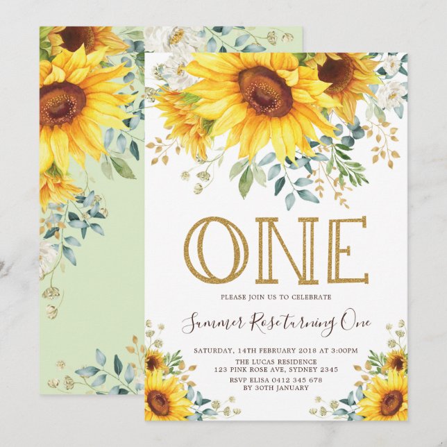 Invitación Bonito Girasol 1º cumpleaños verano amarillo flora (Anverso / Reverso)
