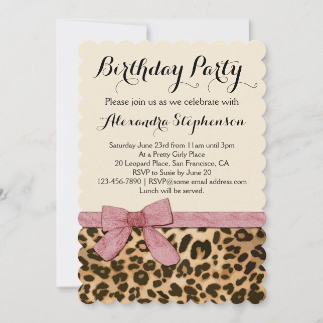 Invitación Bonito Girly Leopard Pink Bow Birthday (Anverso)