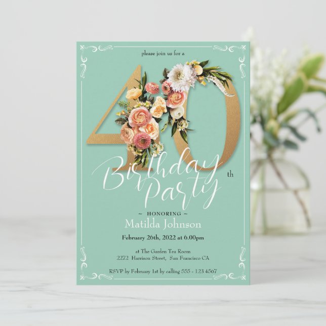 Invitación Bonito Glamorosa Moneda Floral 40 cumpleaños (Anverso de pie)